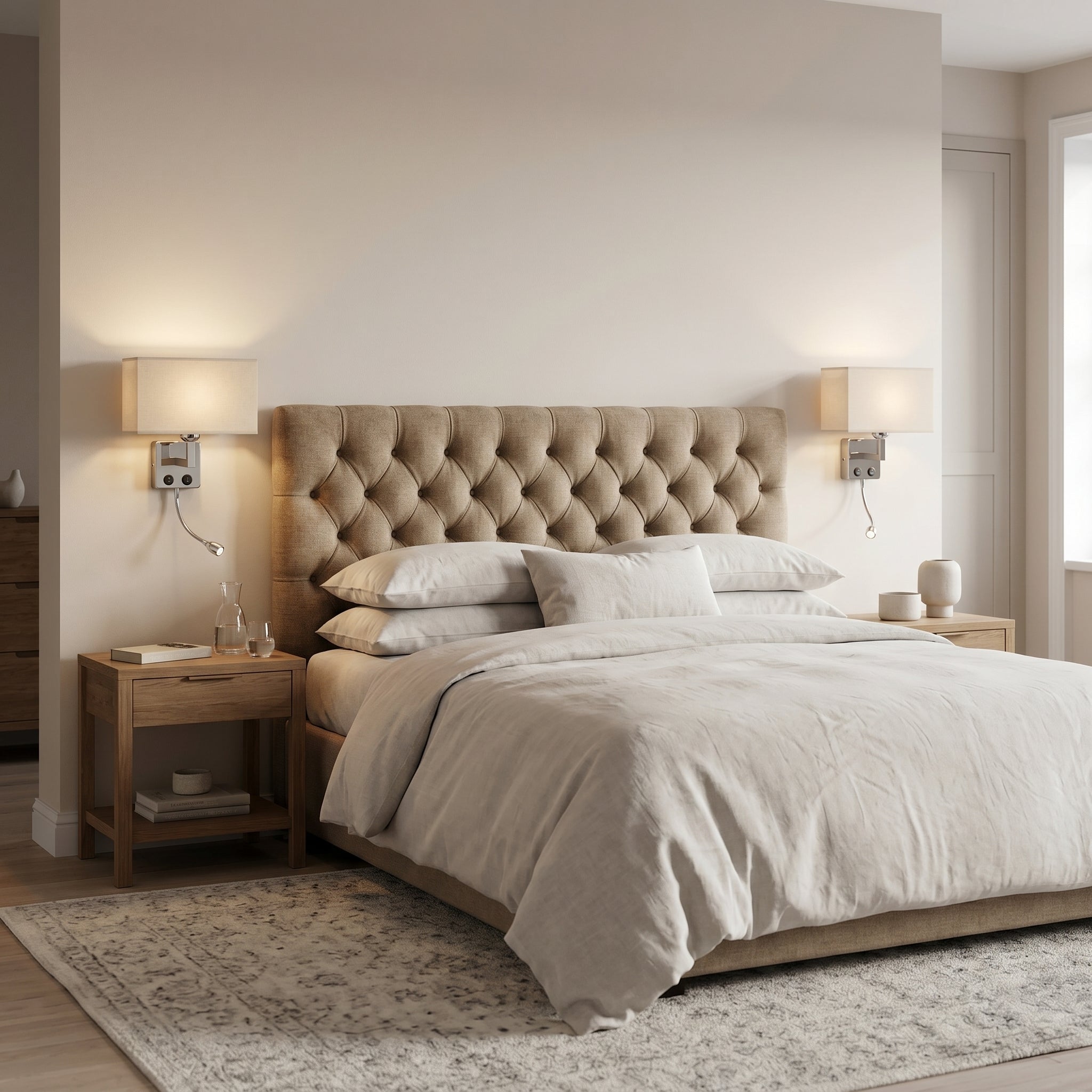 applique liseuse double éclairage avec interrupteur en métal et abat-jour en lin